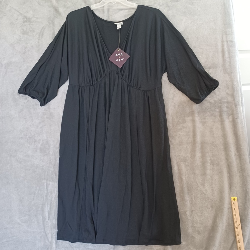 Ava Viv Midi Dress VNeck‎ 3/4 Sleeve Pockets Black 1X Light Flowy Stretch Casual